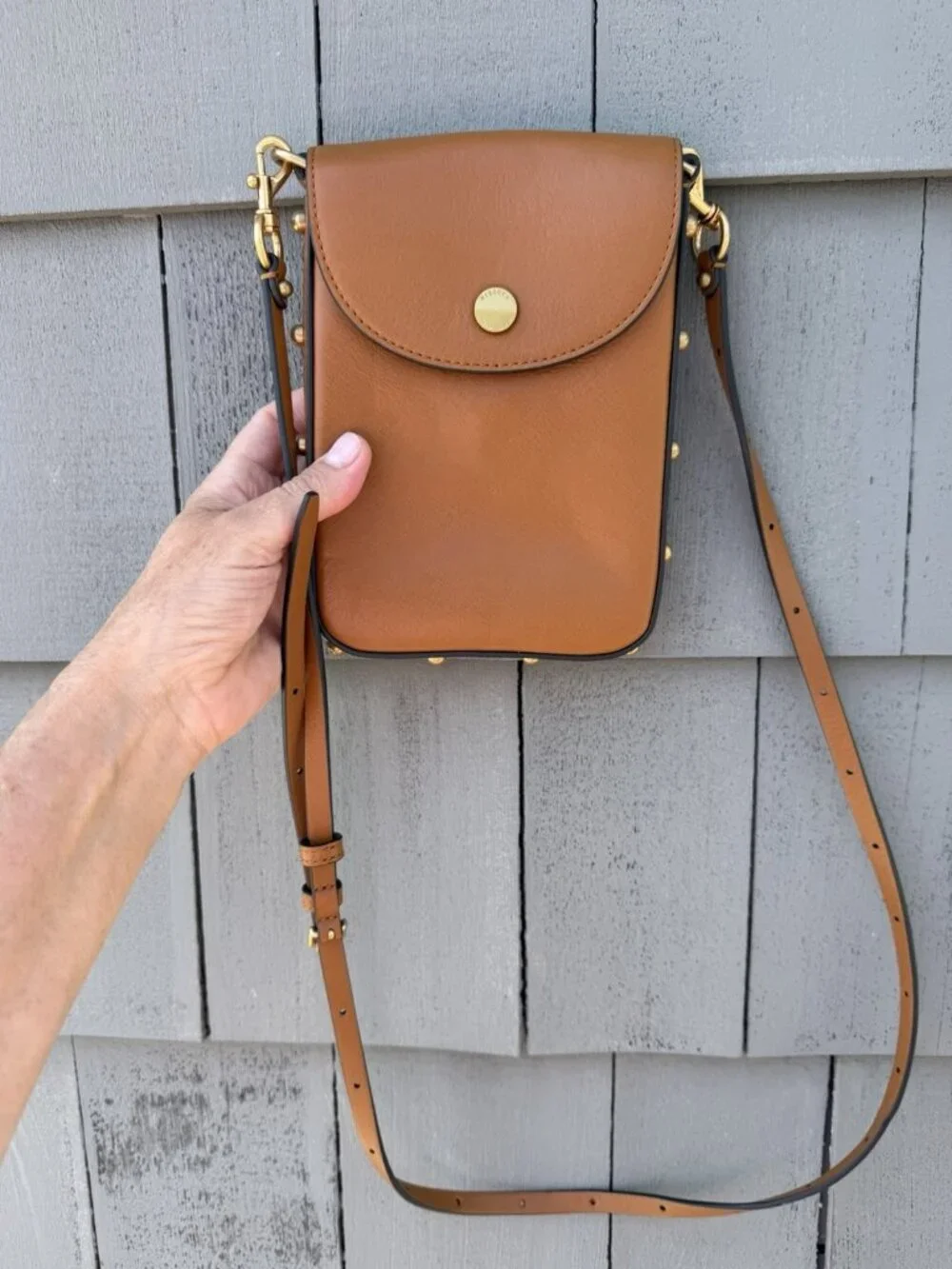 Rebecca Minkoff brown leather crossbody phone gold studded bag travel